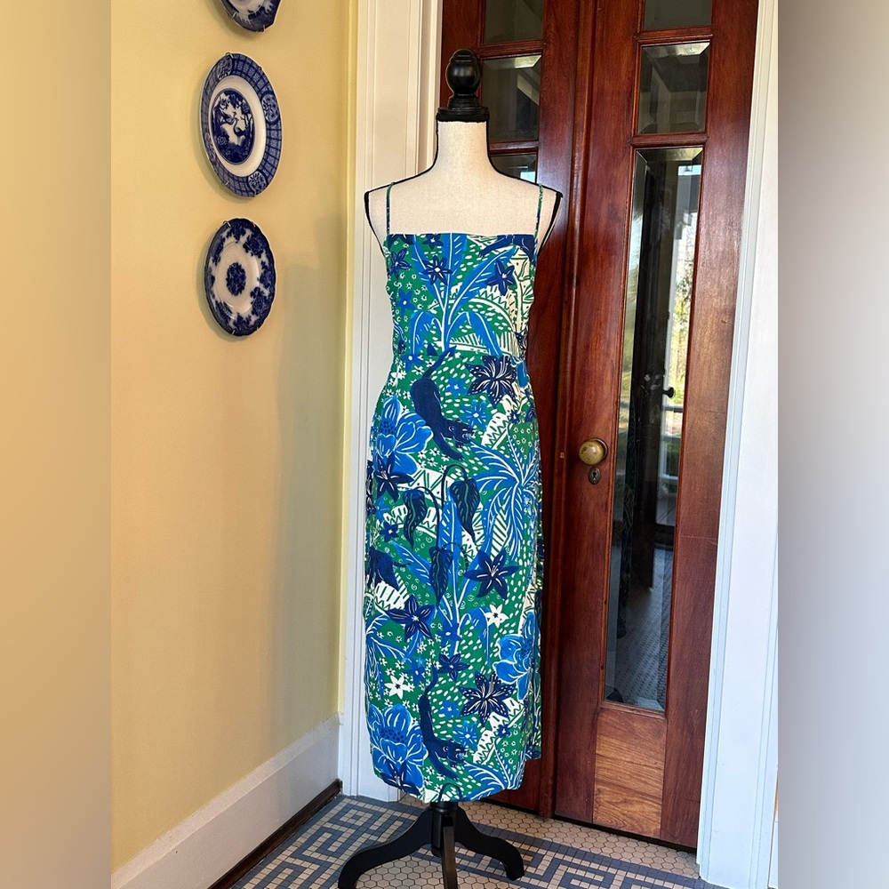 Rachel Zoe | Panther Tropical Linen Blend Midi Dress in Blue & Green, Size XL - Picture 2 of 11